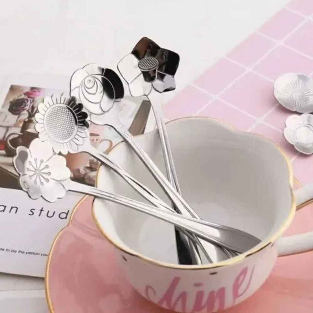 Silver Gold 8pcs Stainless Steel Flower  Spoon Set